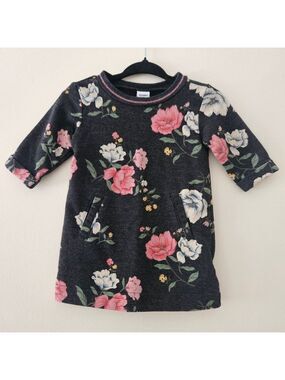 Old Navy Baby Girl Floral Sweatshirt Dress Charcoal Pink 0-3M